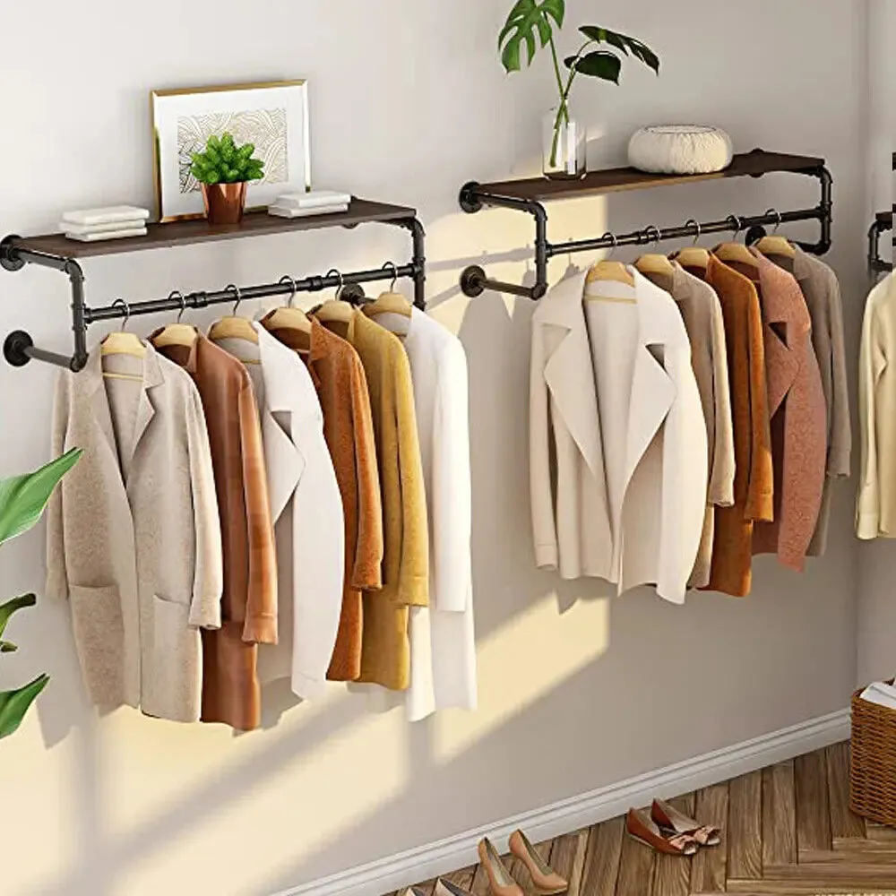 Industrial Pipe Clothing Rack Wall Mounted Wood Shelf Pipe Shelving Floating Shelves Retail Garment Rack Display Racks