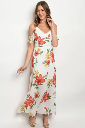 Ivory Floral Cold Shoulder Maxi Dress