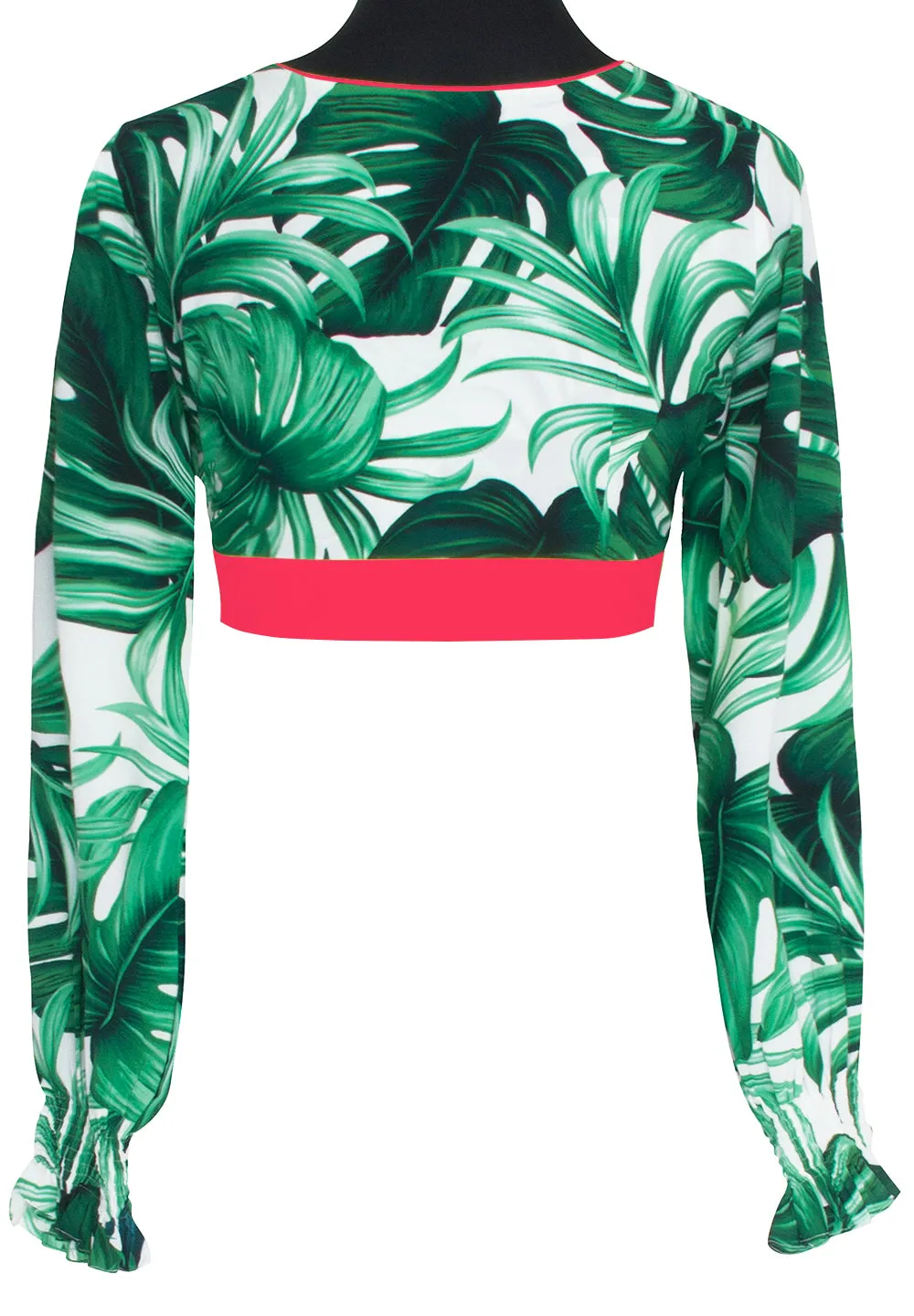 Jungle - Monstera White / Green Crop Top (Neon Coral)