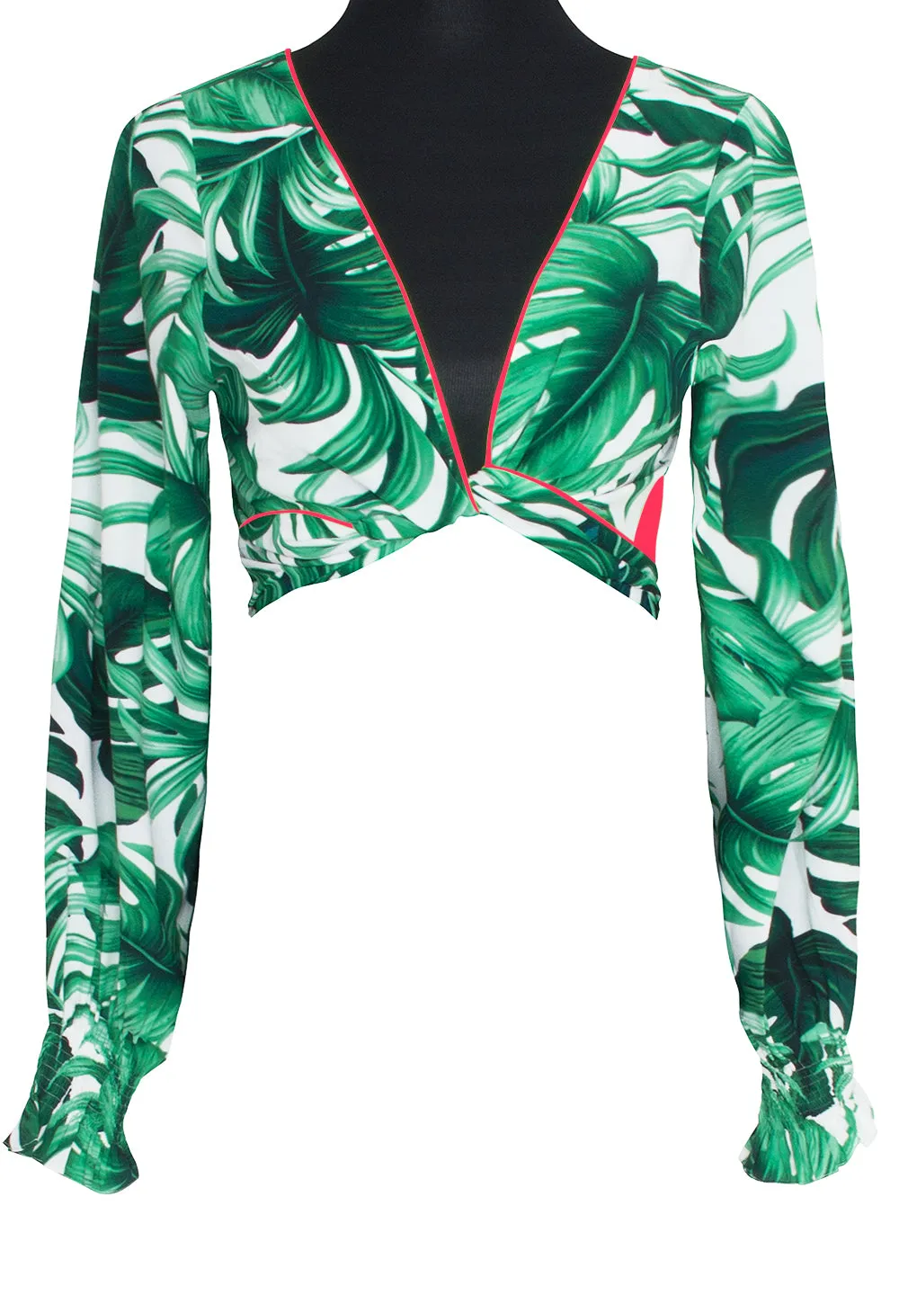 Jungle - Monstera White / Green Crop Top (Neon Coral)