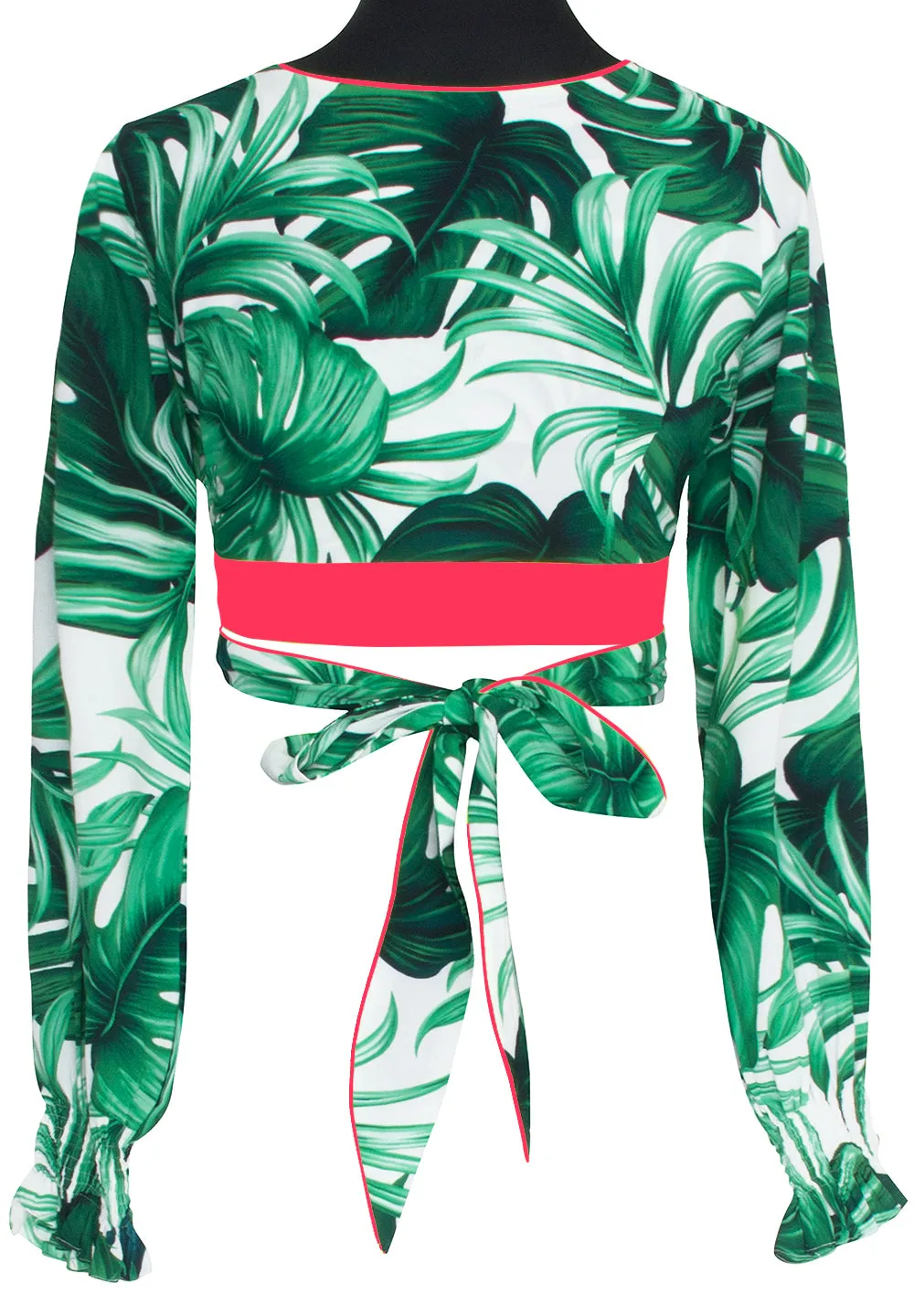 Jungle - Monstera White / Green Crop Top (Neon Coral)