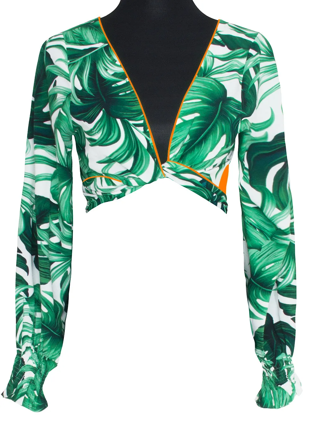 Jungle - Monstera White / Green Crop Top (Neon Orange)