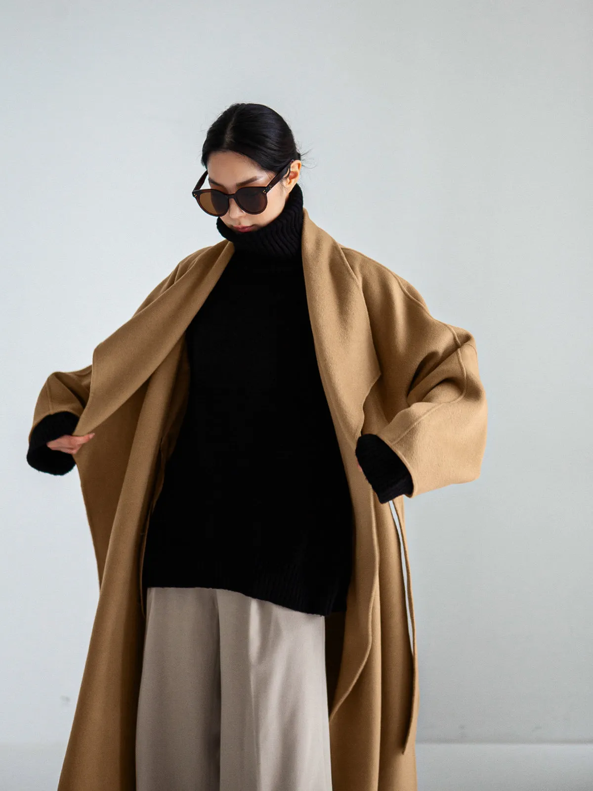 Lapel Double Face Wool Wrap Coat - Camel