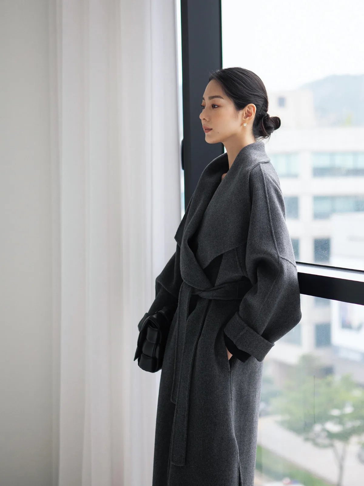 Lapel Double Face Wool Wrap Coat - Gray