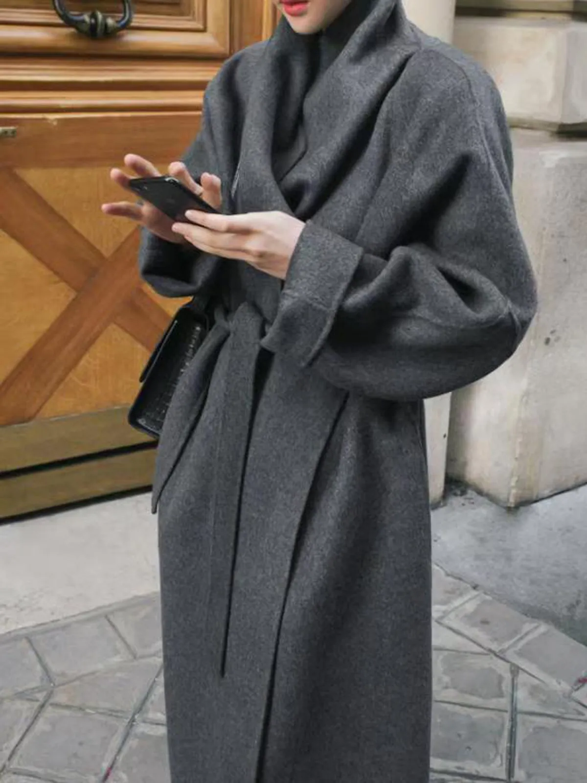 Lapel Double Face Wool Wrap Coat - Gray