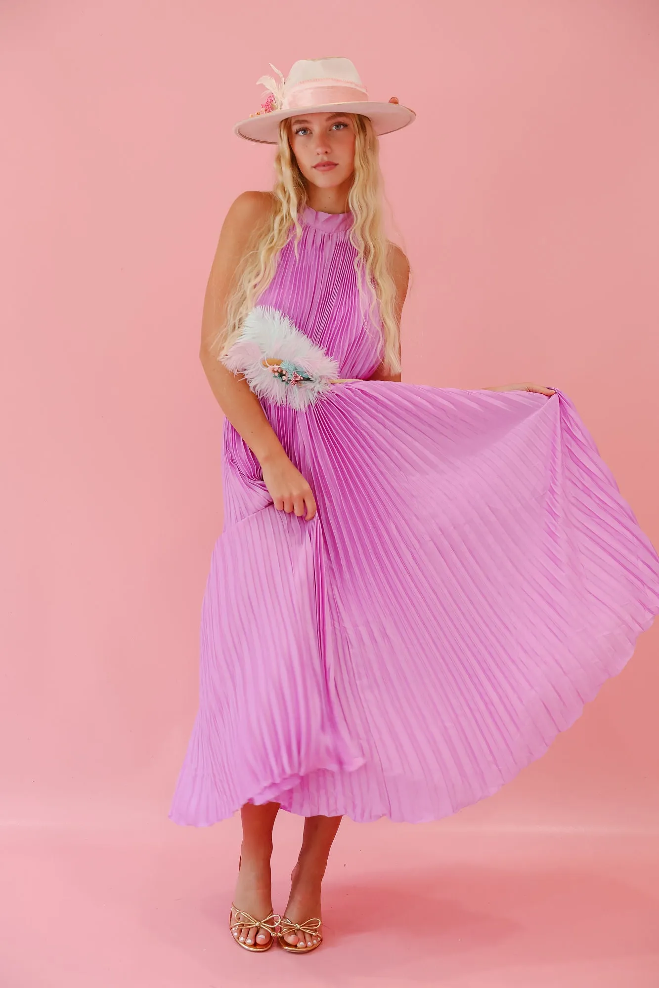 LAVENDER PLEATED HALTER DRESS