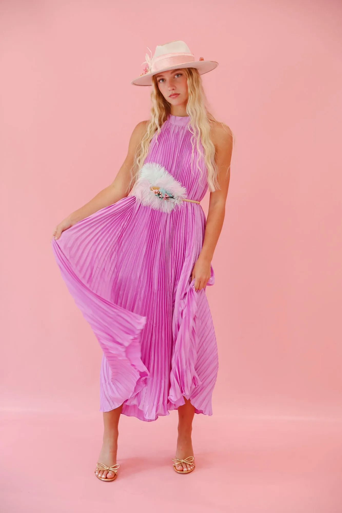 LAVENDER PLEATED HALTER DRESS