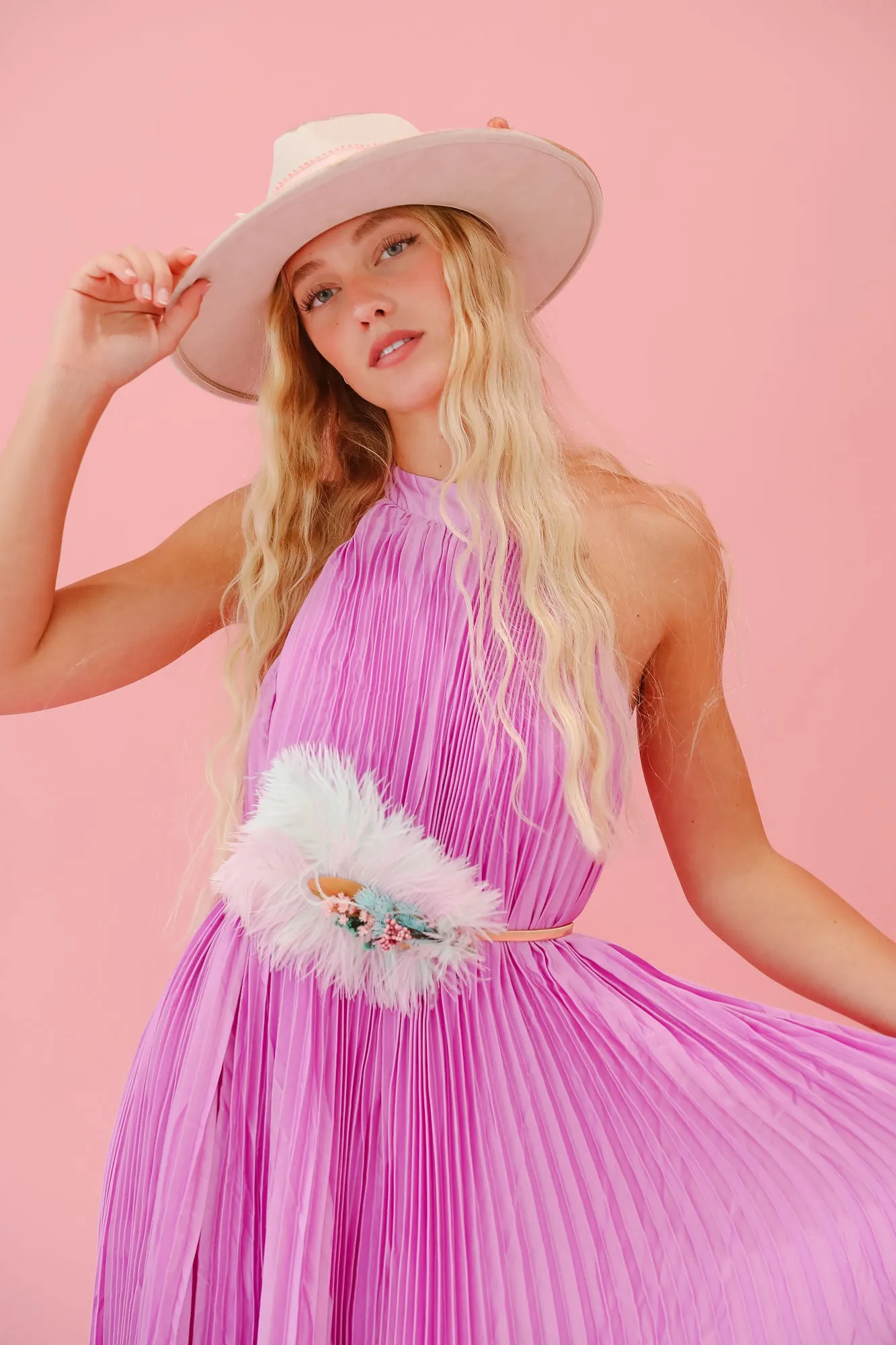 LAVENDER PLEATED HALTER DRESS