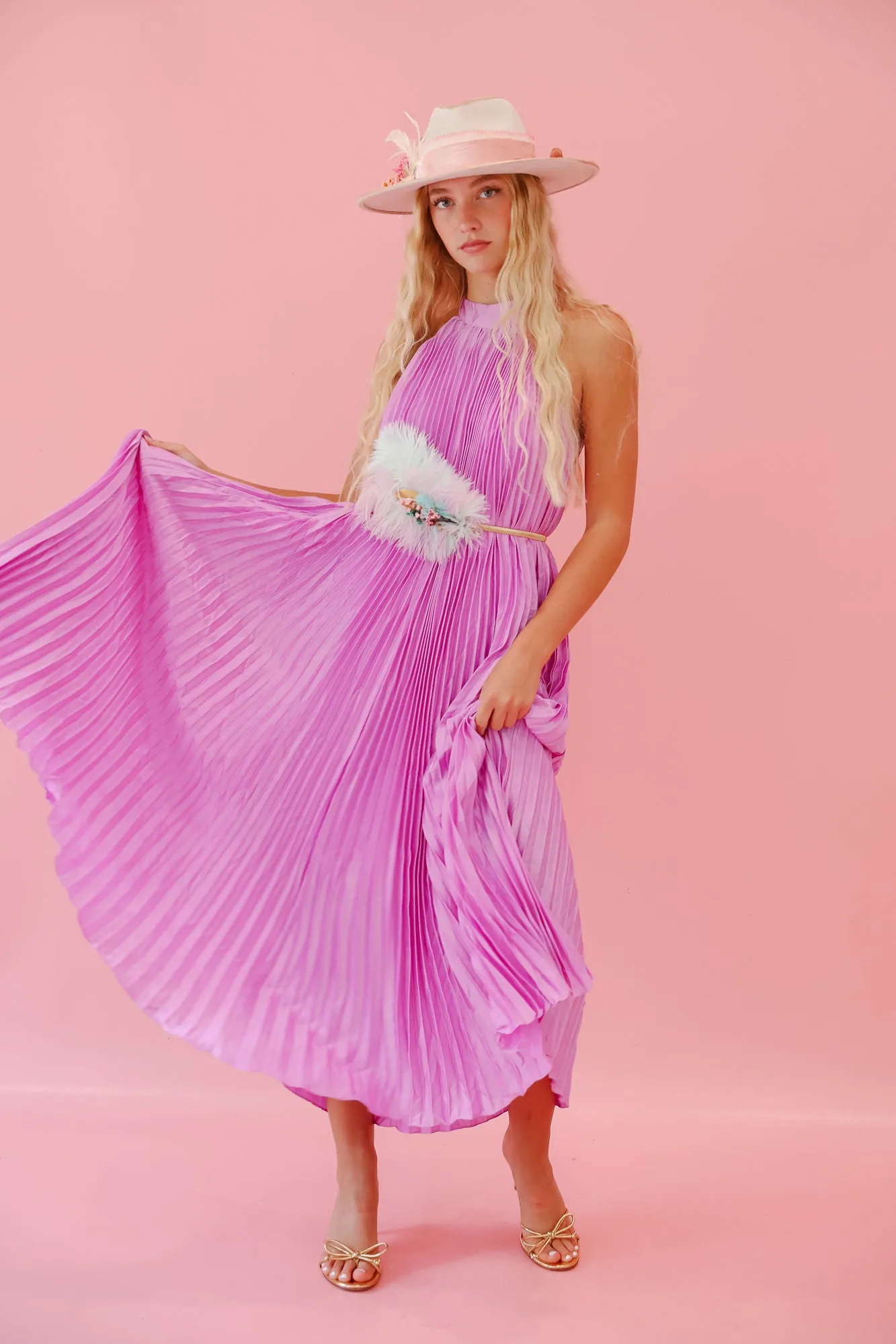 LAVENDER PLEATED HALTER DRESS