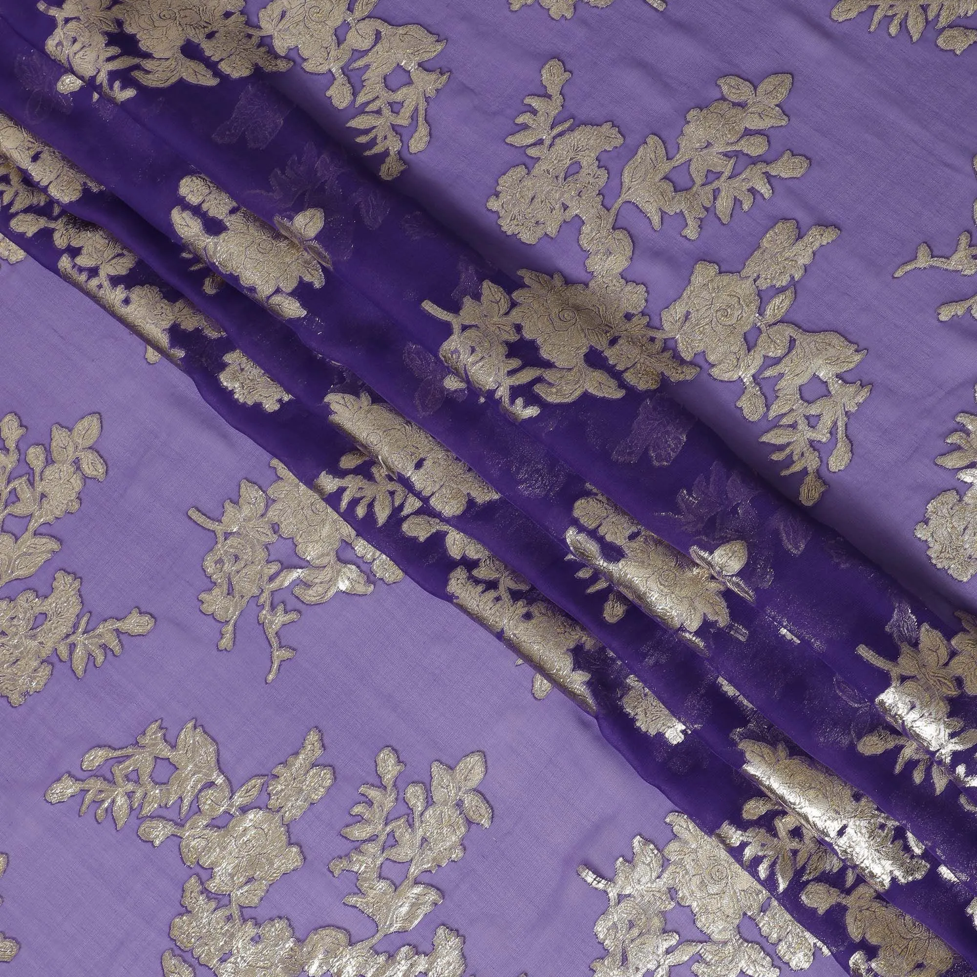 Lavish Purple & Gold Floral Metallic Silk Chiffon Fabric, 140cm Wide - Crafted in South Korea-D17780