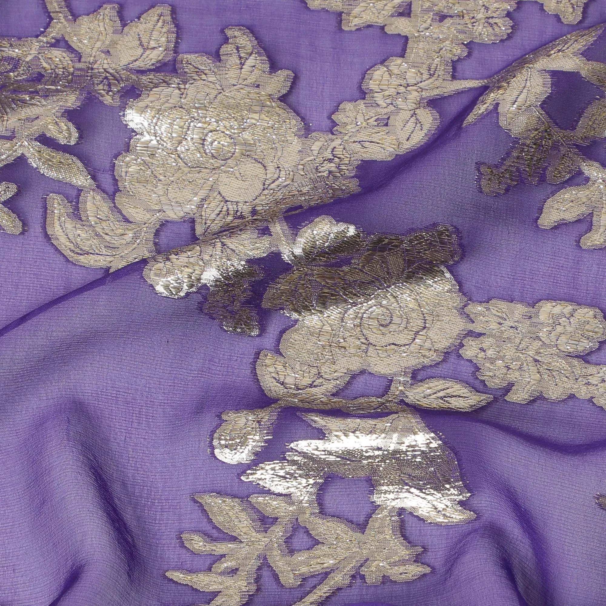 Lavish Purple & Gold Floral Metallic Silk Chiffon Fabric, 140cm Wide - Crafted in South Korea-D17780