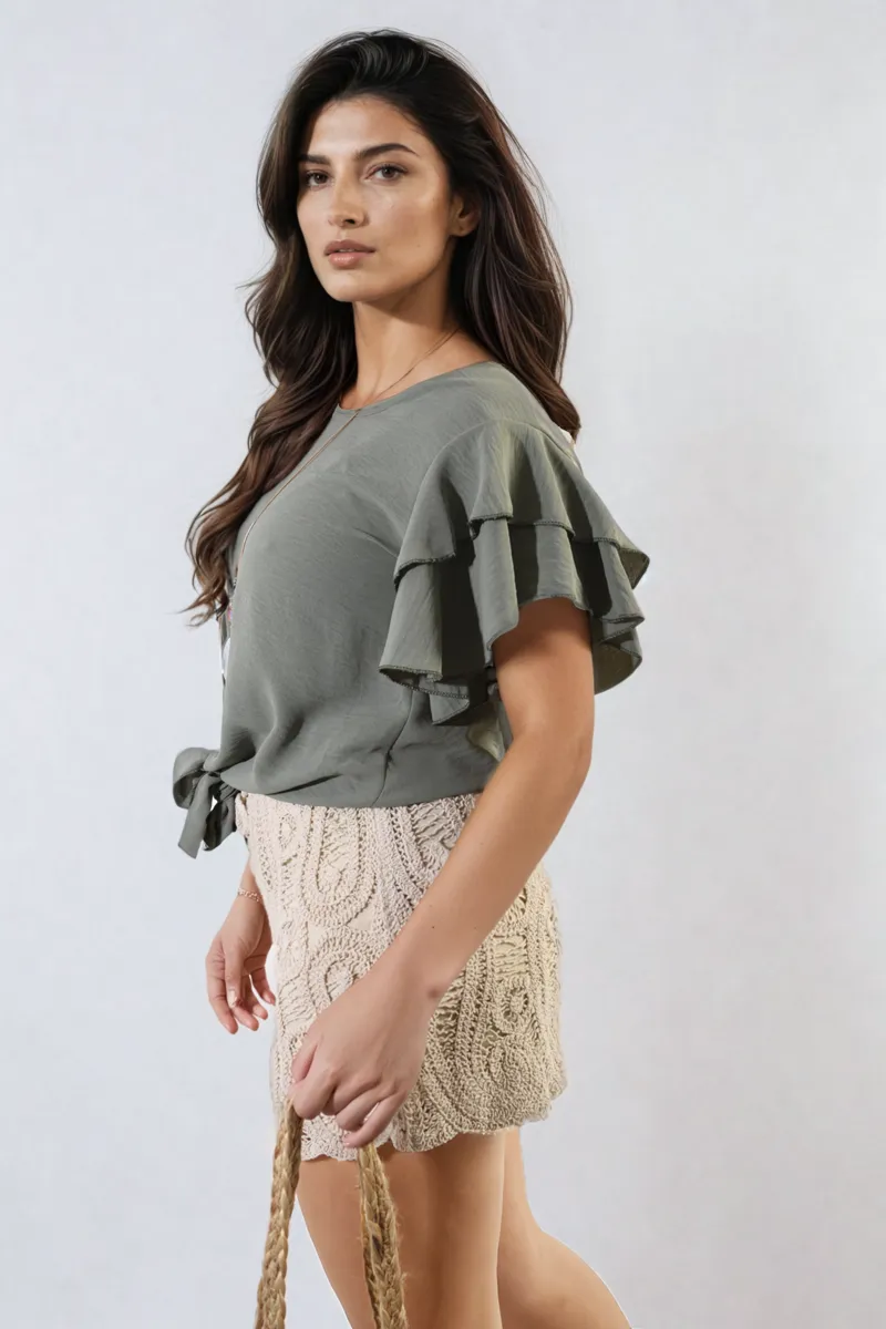 Layered Ruffle Short Sleeve Tie Front Top