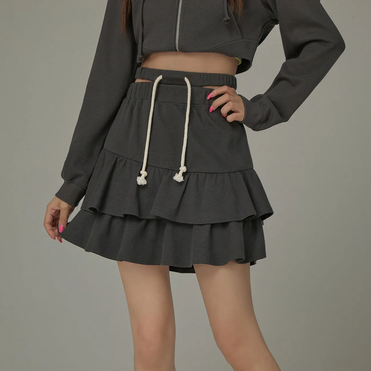 Layered Ruffle Waist Slit Mini Skirt