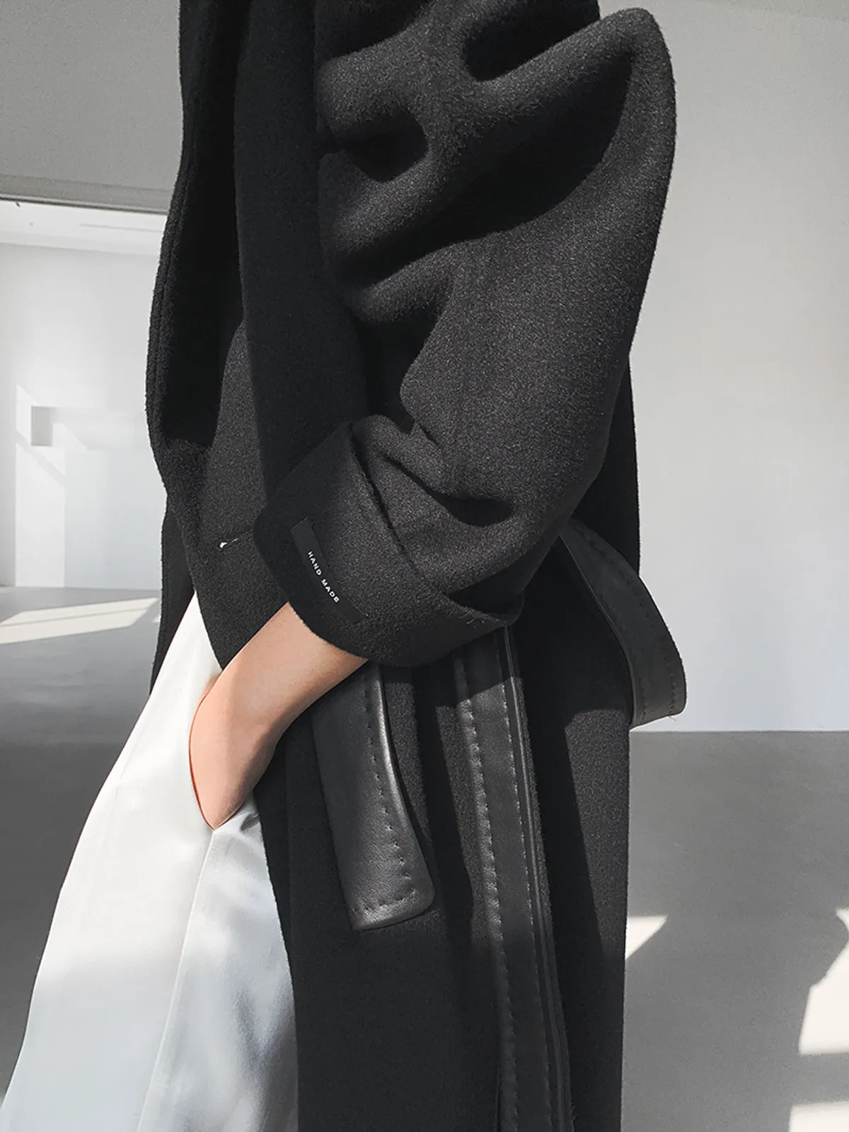 Leather Double Face Wool Wrap Long Coat - Black