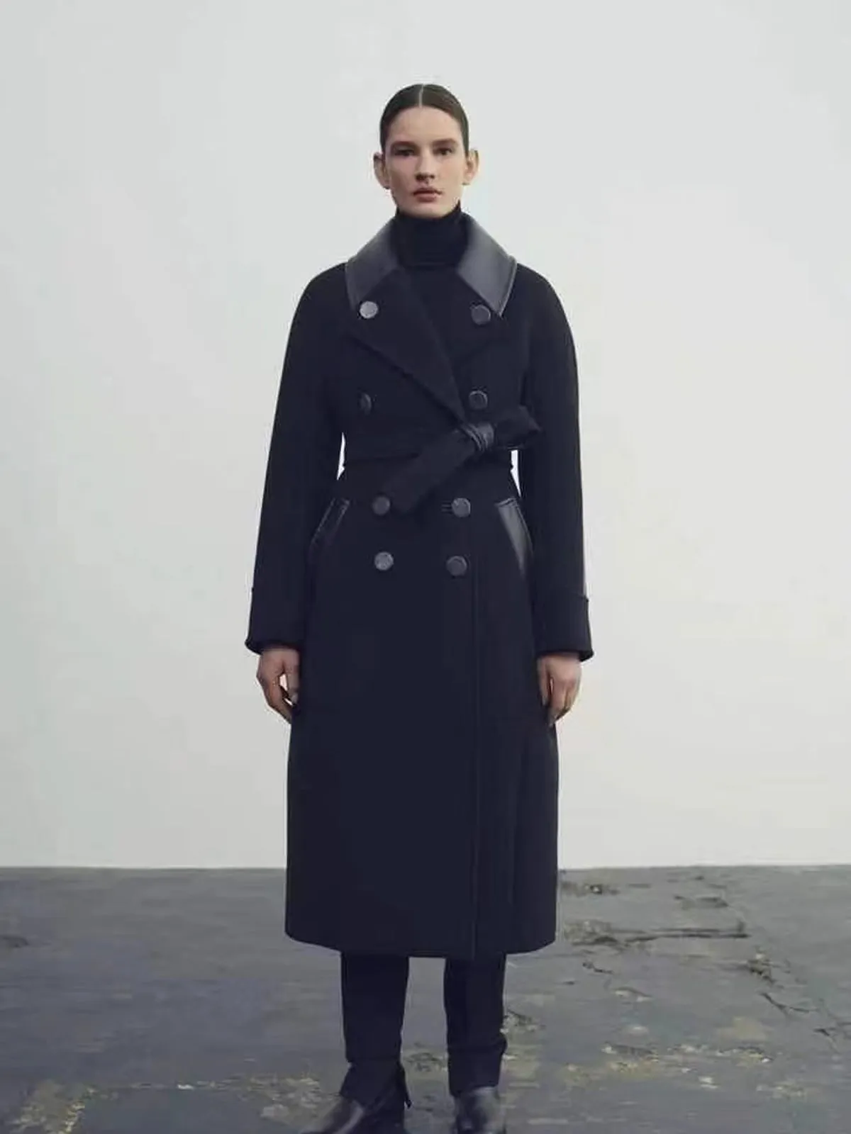 Leather Double Face Wool Wrap Long Coat - Black