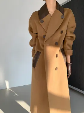 Leather Double Face Wool Wrap Long Coat - Camel