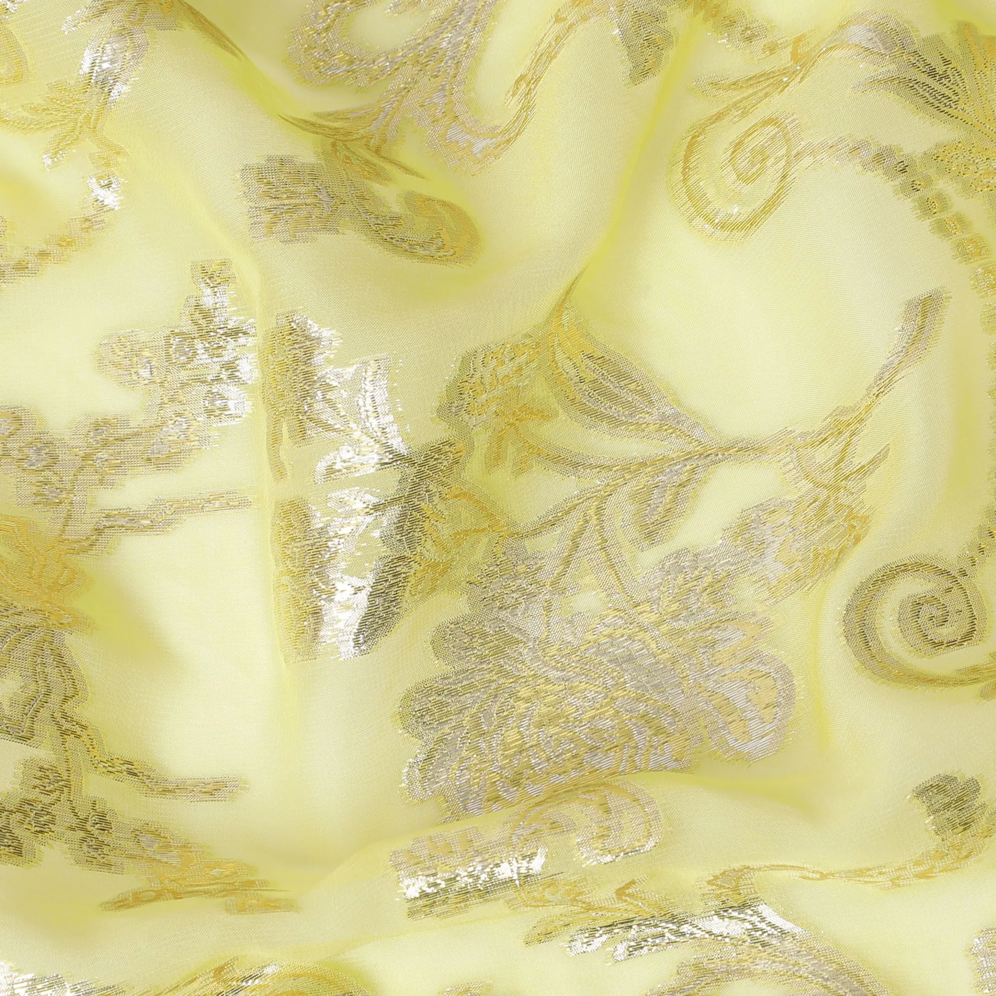 Lemon Yellow Pure Silk Chiffon Fabric with Silver Lurex Accents, 110cm Width - Premium Crafted in South Korea-D17898