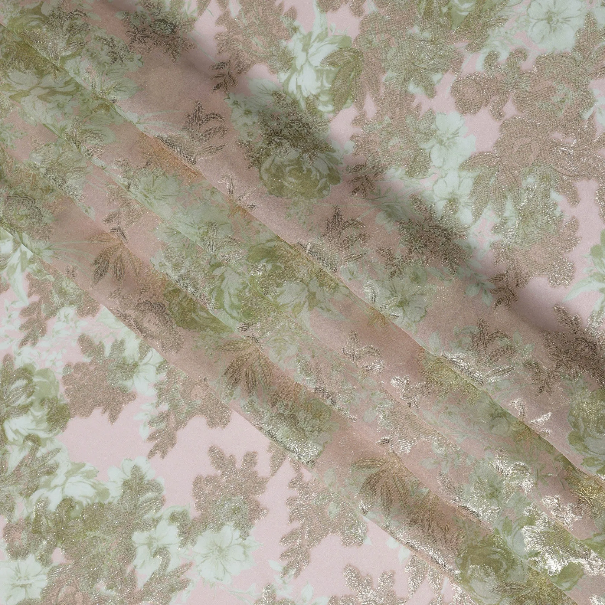 Light Pink Floral Silk Chiffon Fabric with Metallic Lurex, Width 140 cm, South Korea-D21267