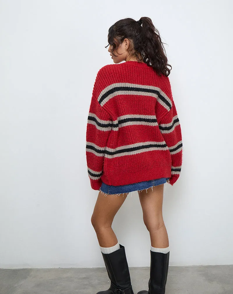 Lunet Knitted Jumper in Red and Black Stripe