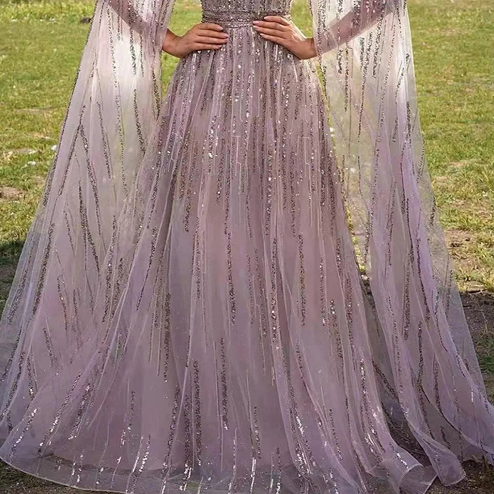 Luxury Nude Evening Halter Long Cape Sleeve Party Sequin A-Line Prom Dress