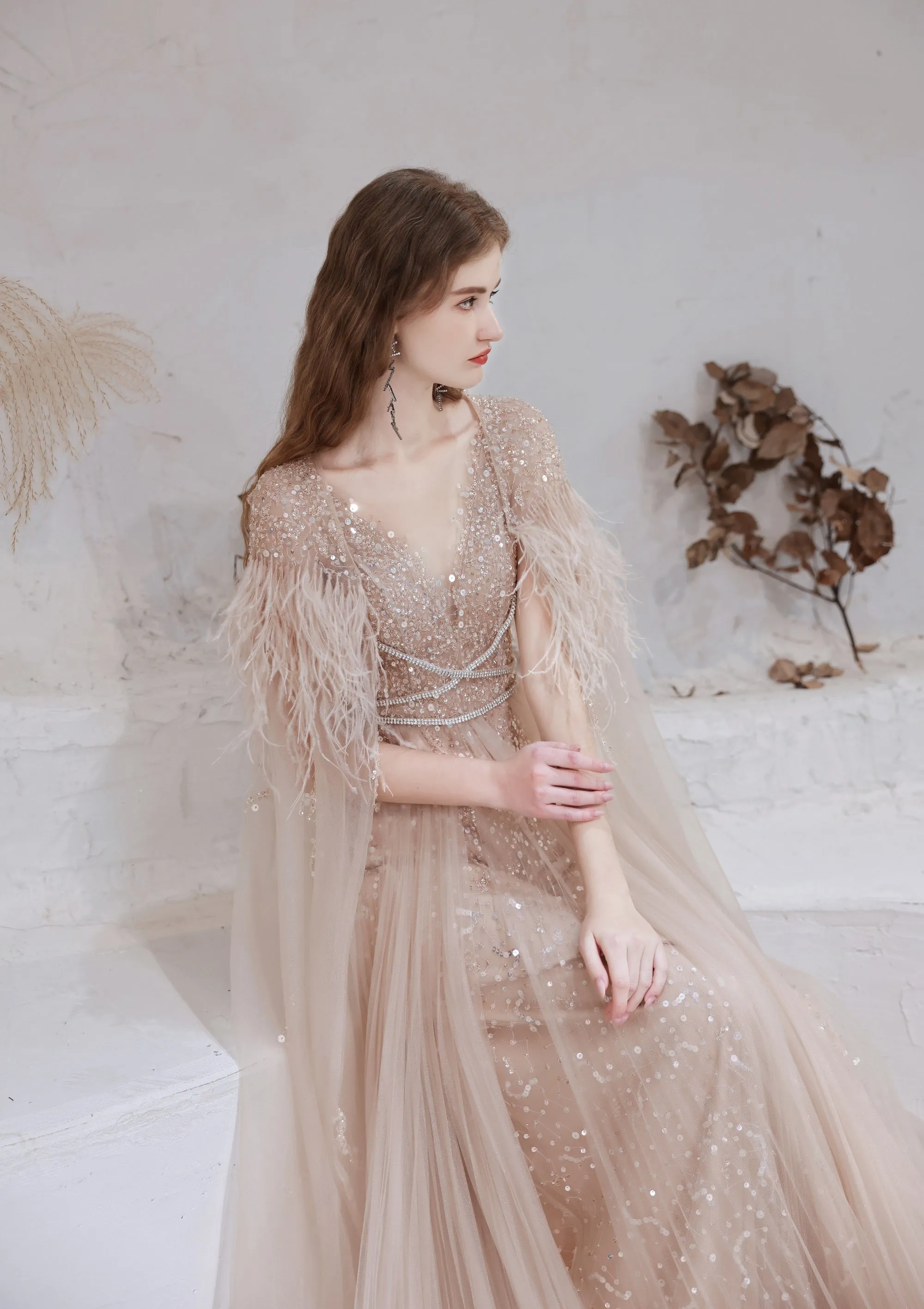 Luxury Pink Evening Dress, Long Evening Party Prom Dresses, Women Robe De Luxe Femme A Line Prom Gown With Feather Cape