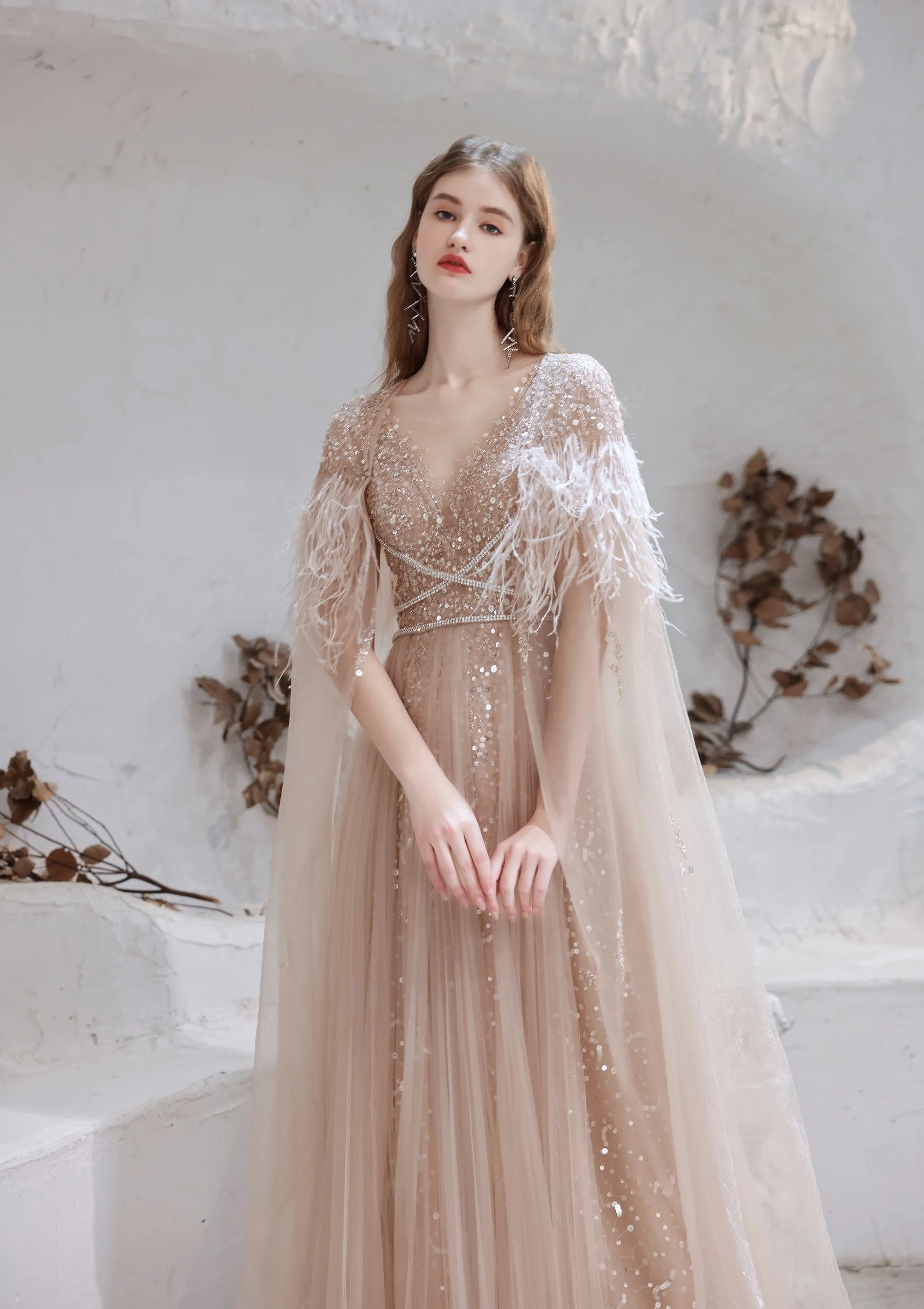 Luxury Pink Evening Dress, Long Evening Party Prom Dresses, Women Robe De Luxe Femme A Line Prom Gown With Feather Cape