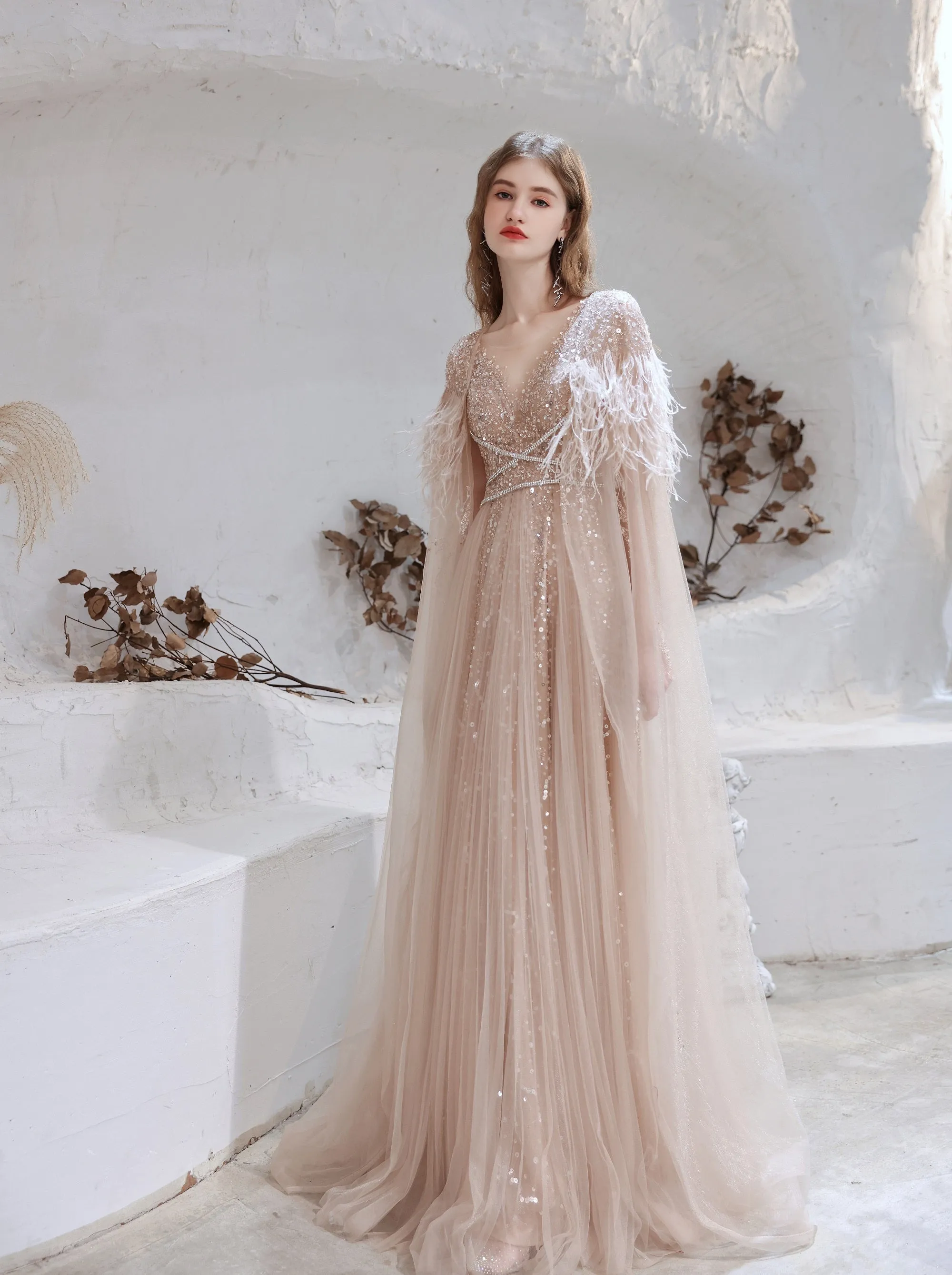 Luxury Pink Evening Dress, Long Evening Party Prom Dresses, Women Robe De Luxe Femme A Line Prom Gown With Feather Cape