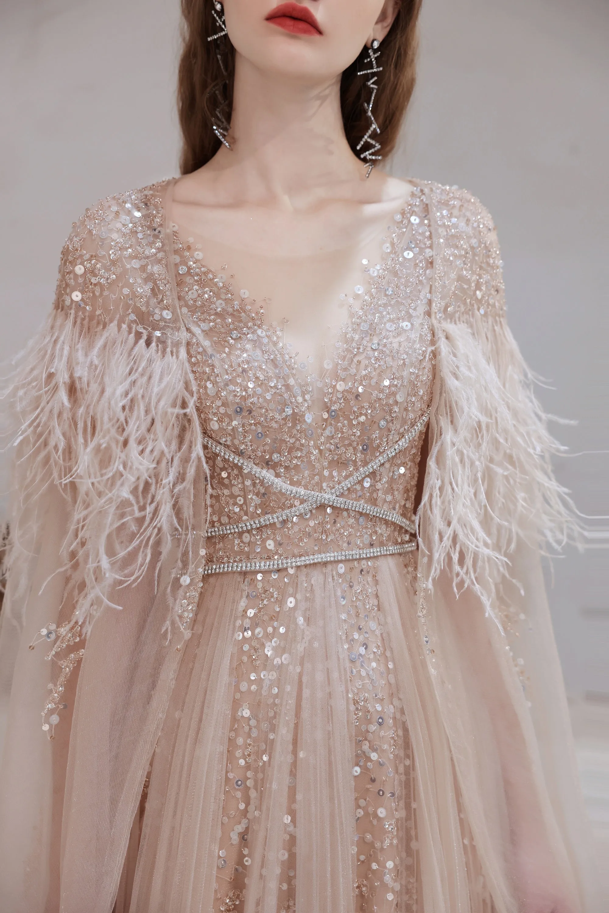 Luxury Pink Evening Dress, Long Evening Party Prom Dresses, Women Robe De Luxe Femme A Line Prom Gown With Feather Cape