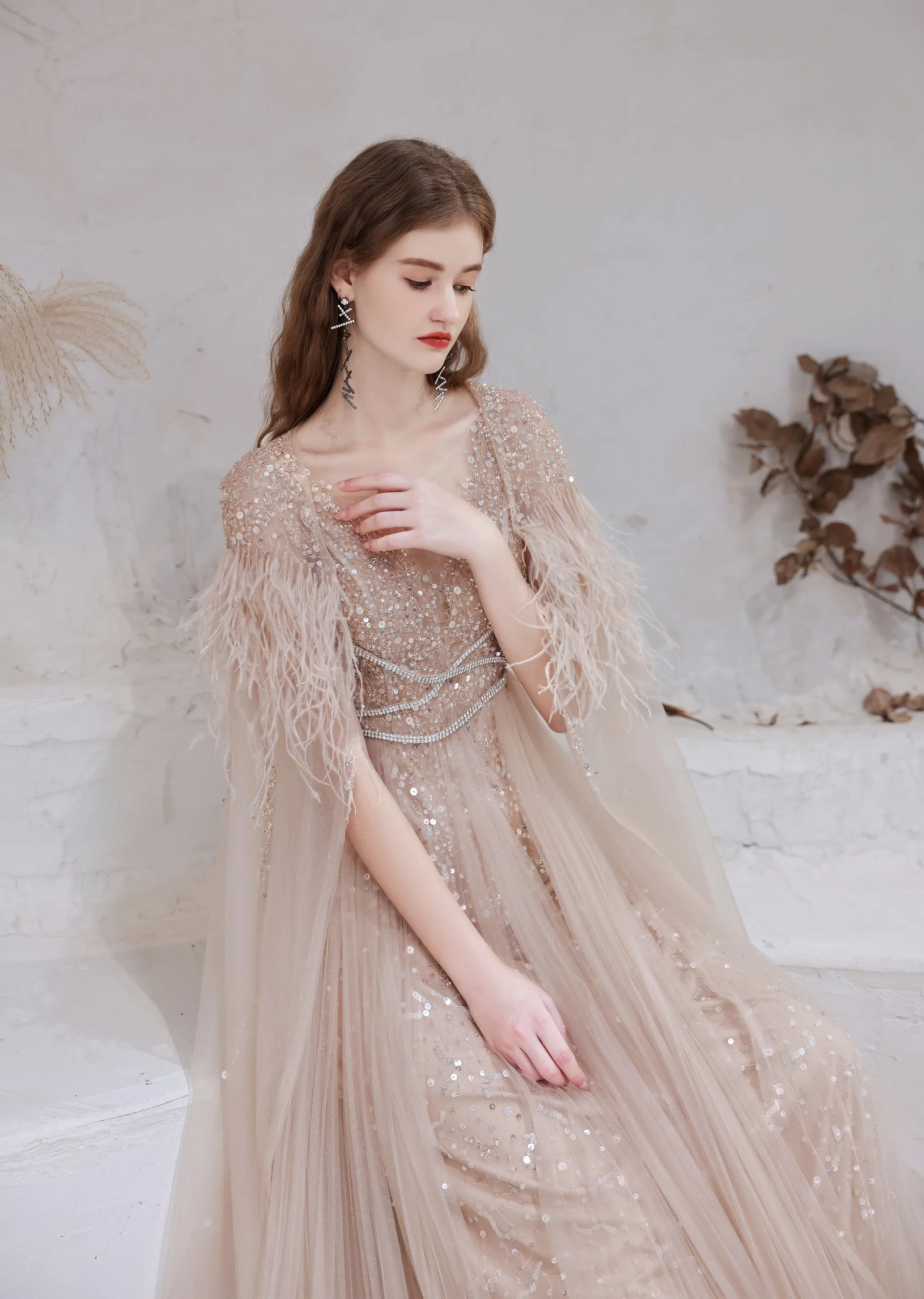 Luxury Pink Evening Dress, Long Evening Party Prom Dresses, Women Robe De Luxe Femme A Line Prom Gown With Feather Cape