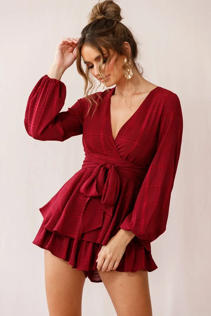 Maddox Fit & Flare Long Sleeve Romper Wine