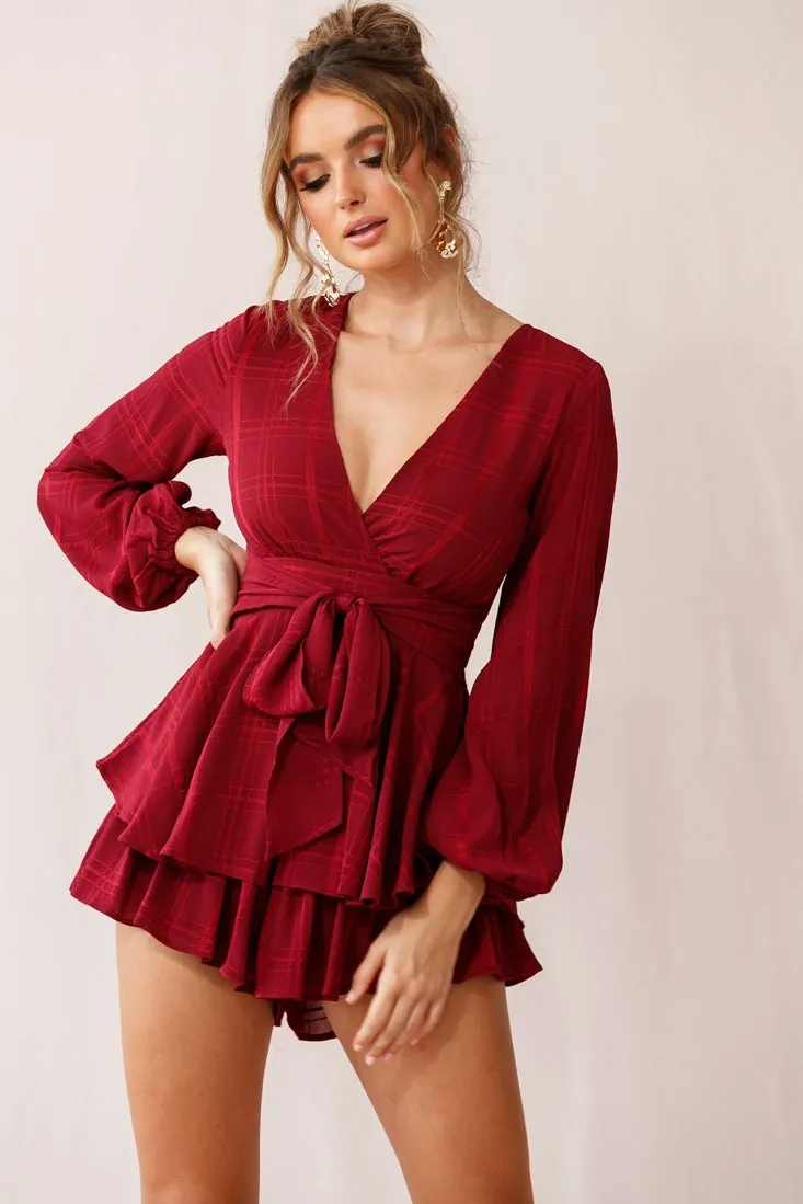 Maddox Fit & Flare Long Sleeve Romper Wine