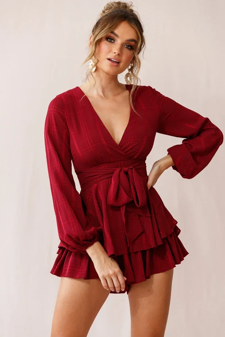 Maddox Fit & Flare Long Sleeve Romper Wine