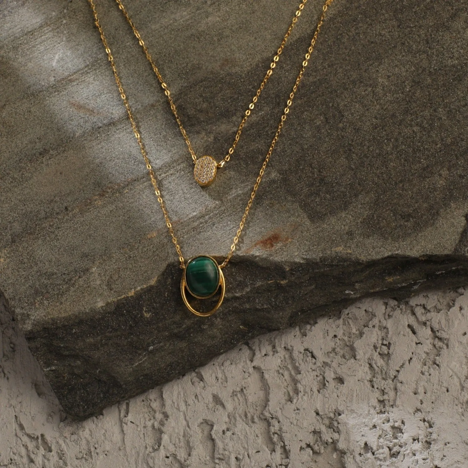 Malachite Duo Layer Oval Charm Silver Necklace