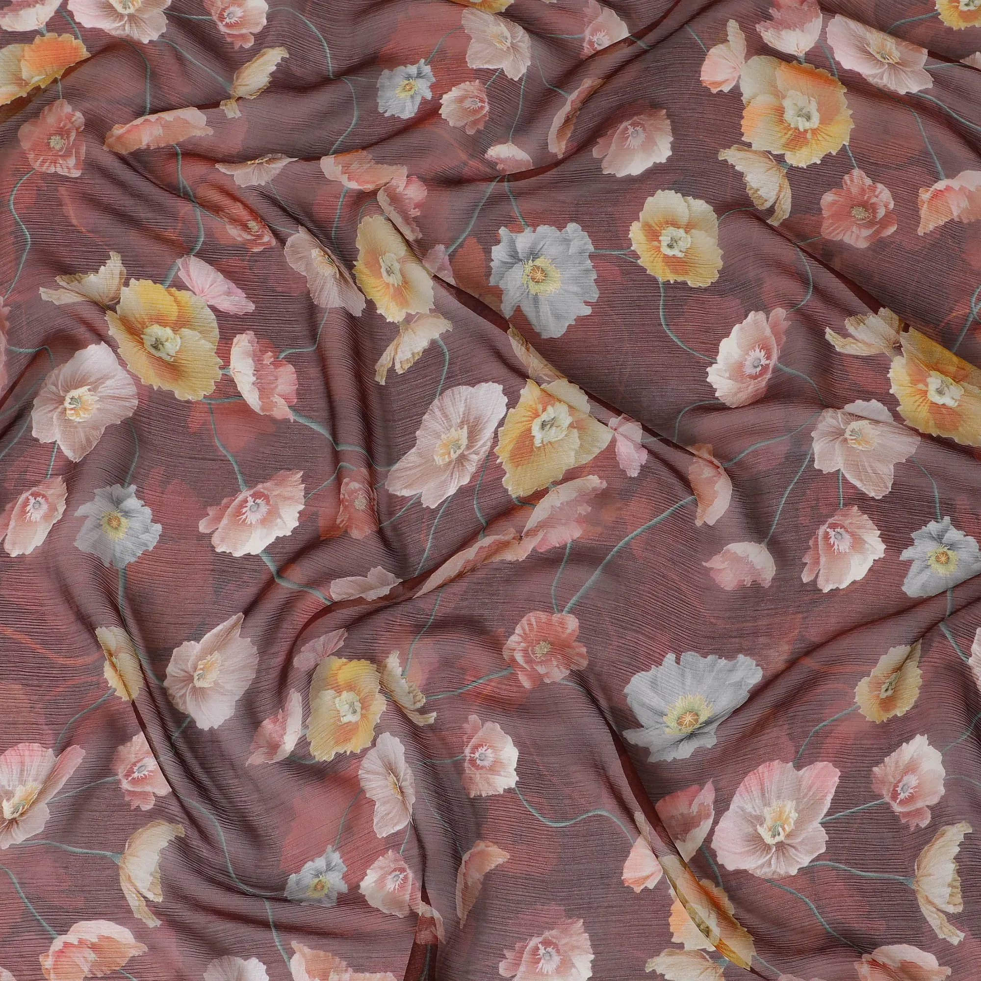 Maroon Premium pure wrinkle silk chiffon fabric with multicolor print in floral design-D16999