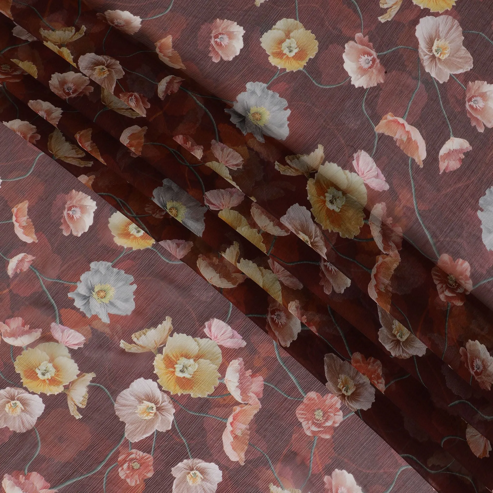 Maroon Premium pure wrinkle silk chiffon fabric with multicolor print in floral design-D16999