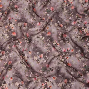 Mauve Floral Synthetic Organza Satin Fabric, 110 cm Wide, Made in India-D20983