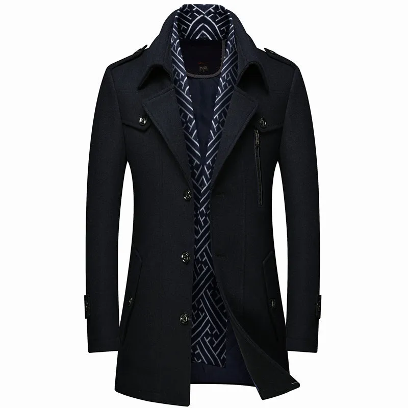 Men's Business British Scarf Collar Mid Length Woolen Coat