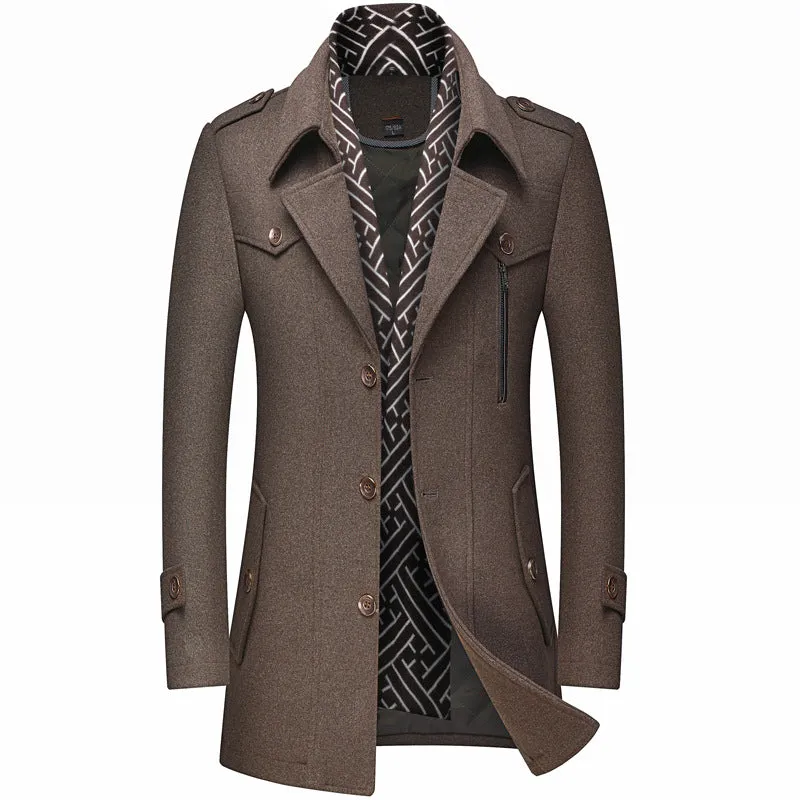 Men's Business British Scarf Collar Mid Length Woolen Coat