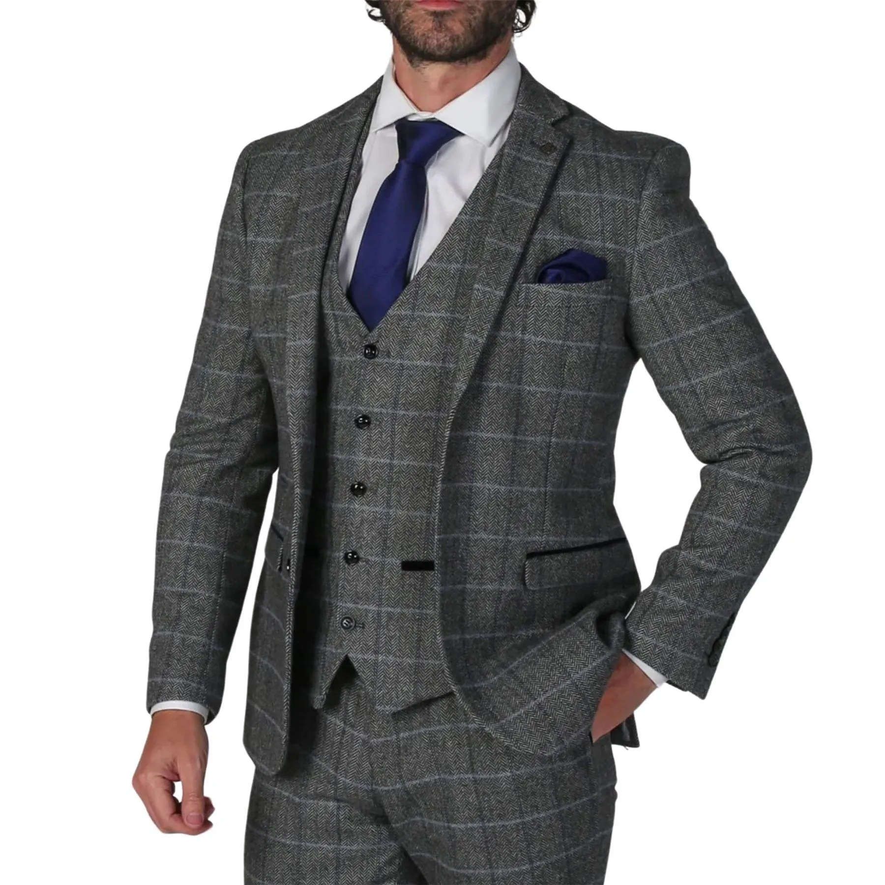 Men's Grey Blazer Tweed Herringbone Wool Blend Sport Coat