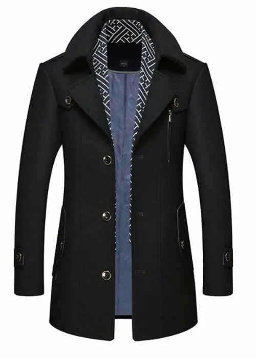 Mens Layered Collar Button Front Mid Length Coat