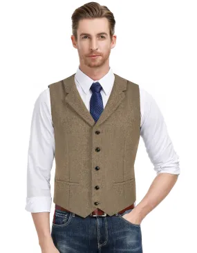 Mens Western Herringbone Suit Vest Tweed Wool Blend Slim Fit Waistcoat