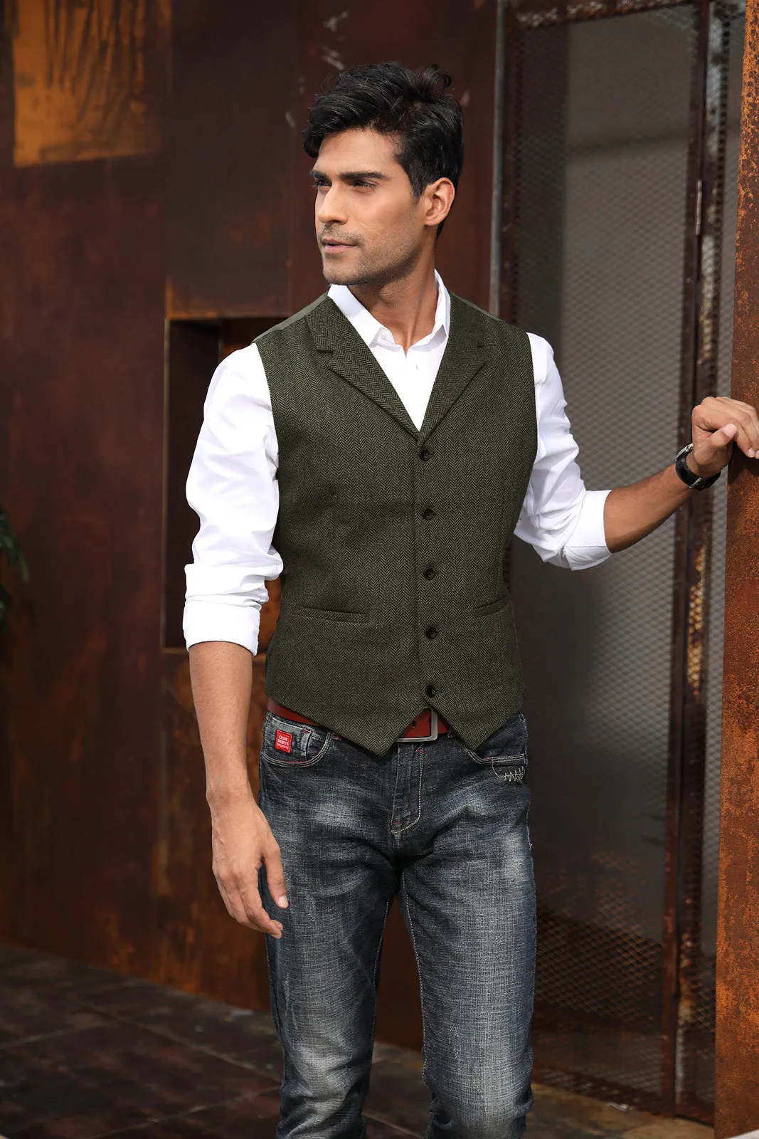 Mens Western Herringbone Suit Vest Tweed Wool Blend Slim Fit Waistcoats