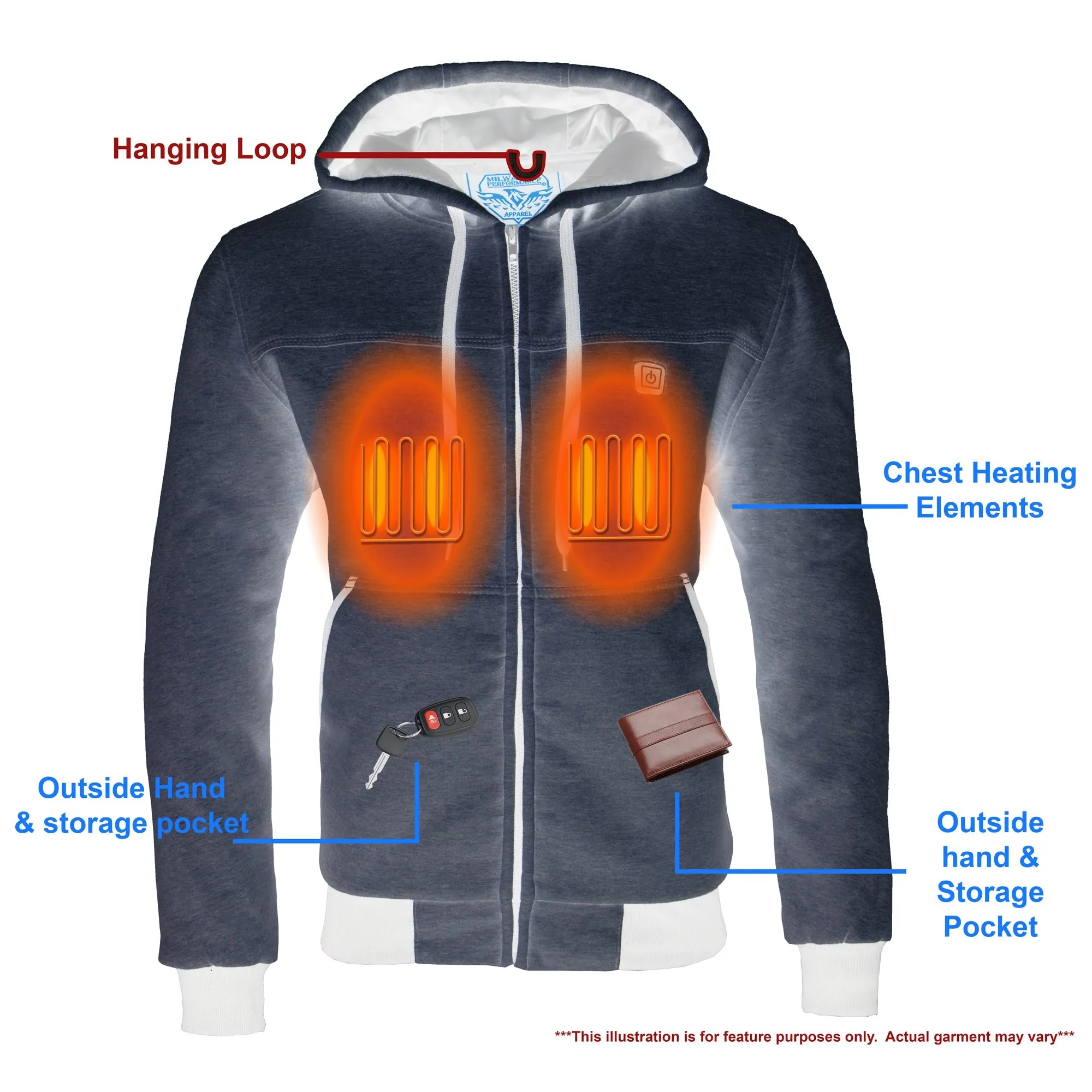 Mens Zipper Front Heated Hoodie w/ Front & Back Heating Elements