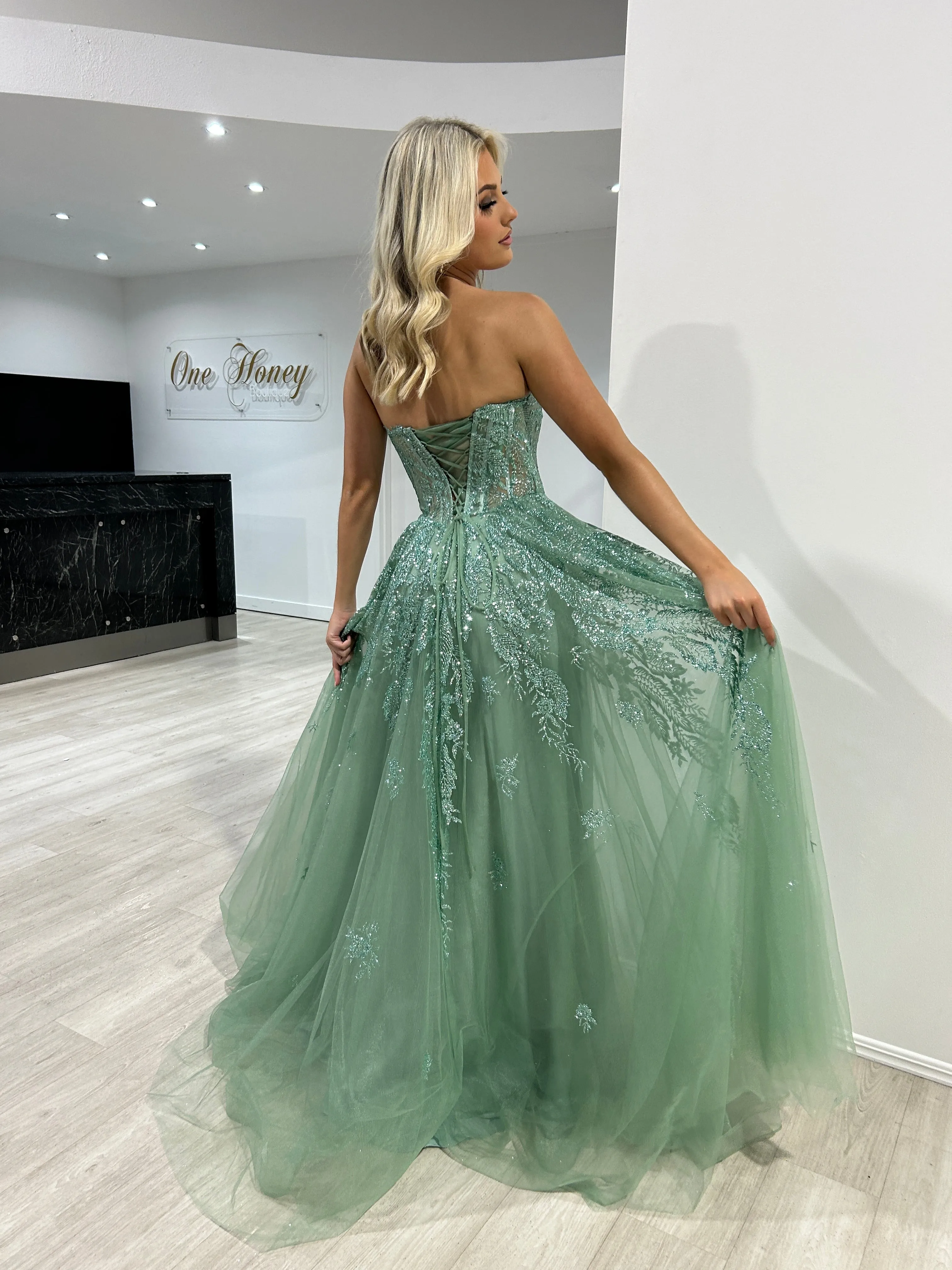 MERCER Strapless Glitter Ball Gown Formal Dress