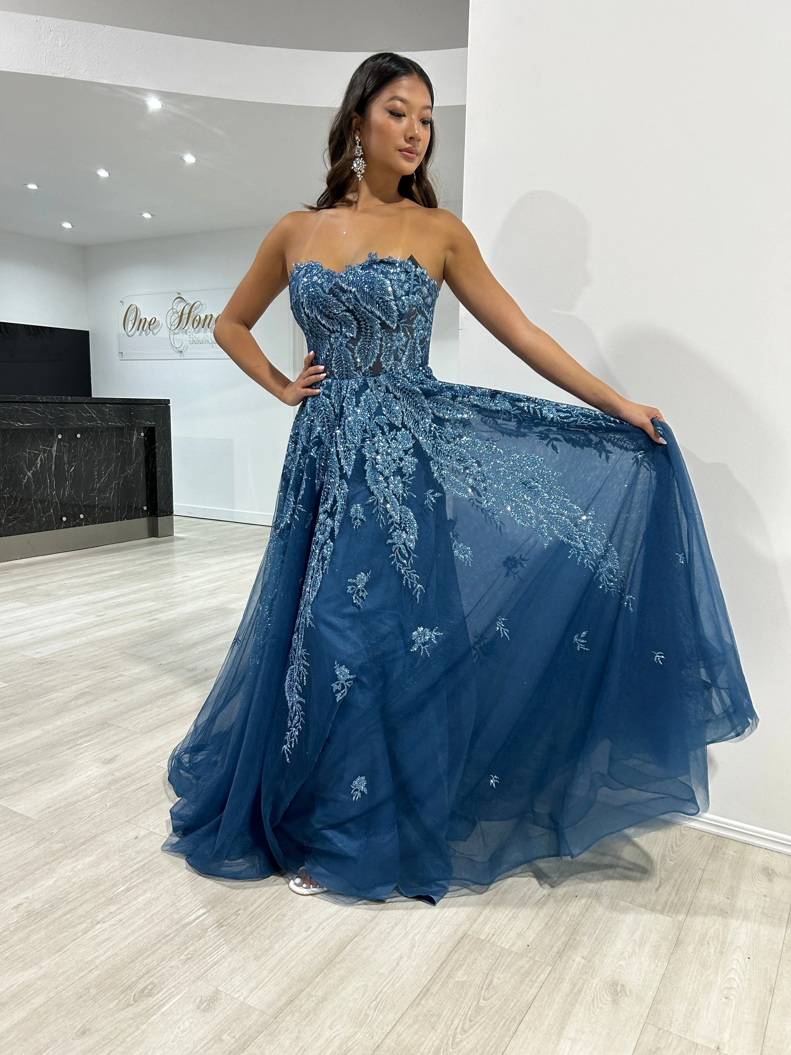 MERCER Strapless Glitter Ball Gown Formal Dress