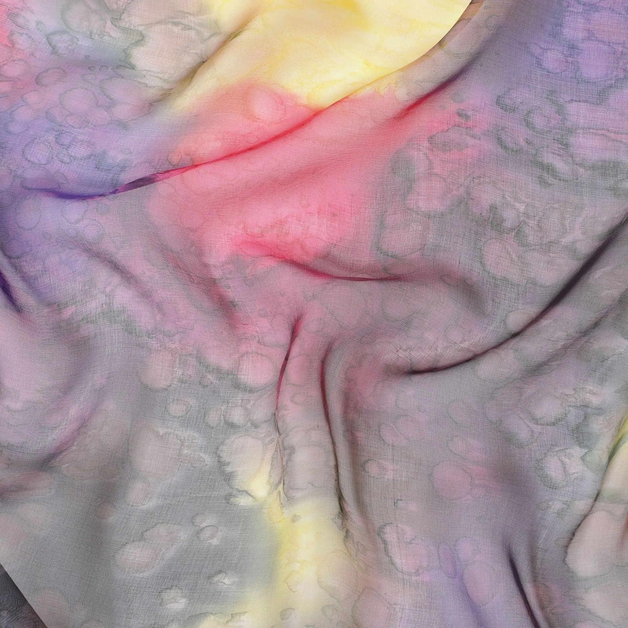 Multi colour silk chiffon fabric with Gold, purple & yellow prints in abstract design - D9857