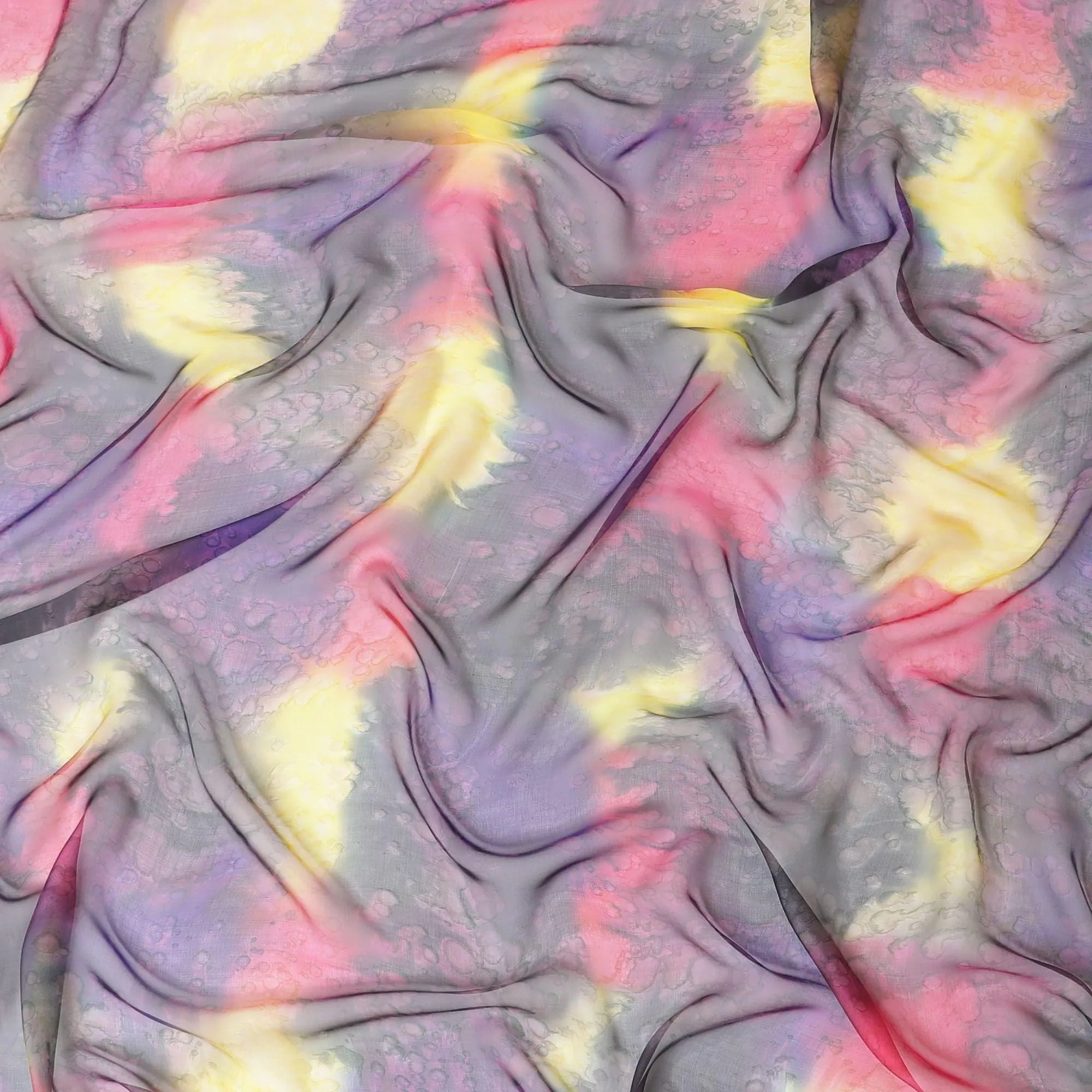 Multi colour silk chiffon fabric with Gold, purple & yellow prints in abstract design - D9857