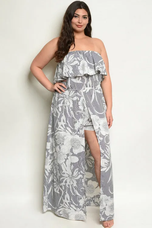 Navy Blue Floral Cold Shoulder Romper Maxi Dress