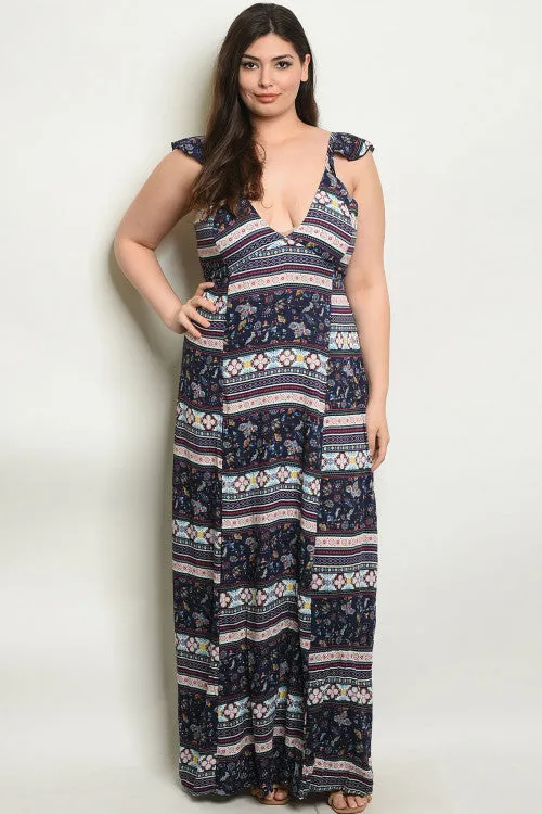 Navy Blue Floral Plus Size Maxi Dress