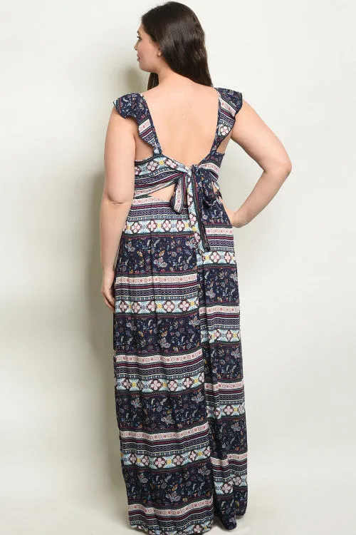 Navy Blue Floral Plus Size Maxi Dress